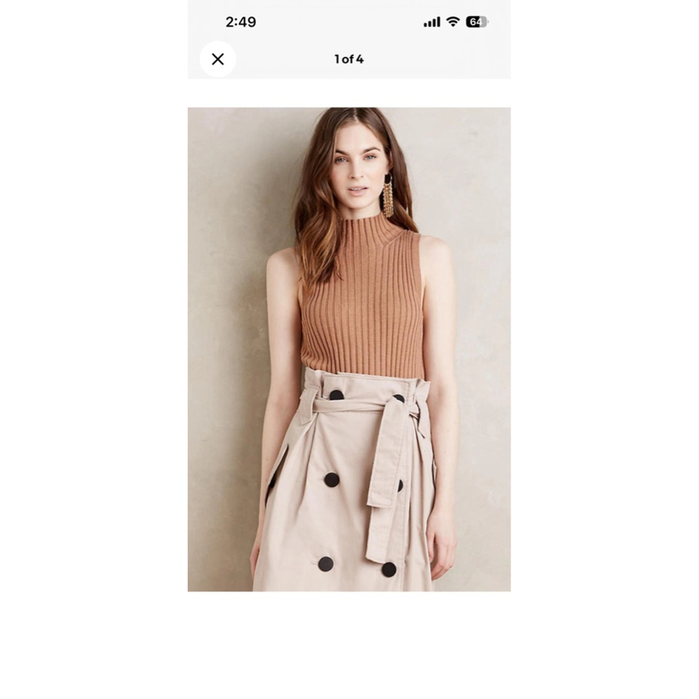 Wool Blend Brown Ribbed Mock Neck Sleeveless Knit Top S Anthropologie Moth - Picture 2 of 9